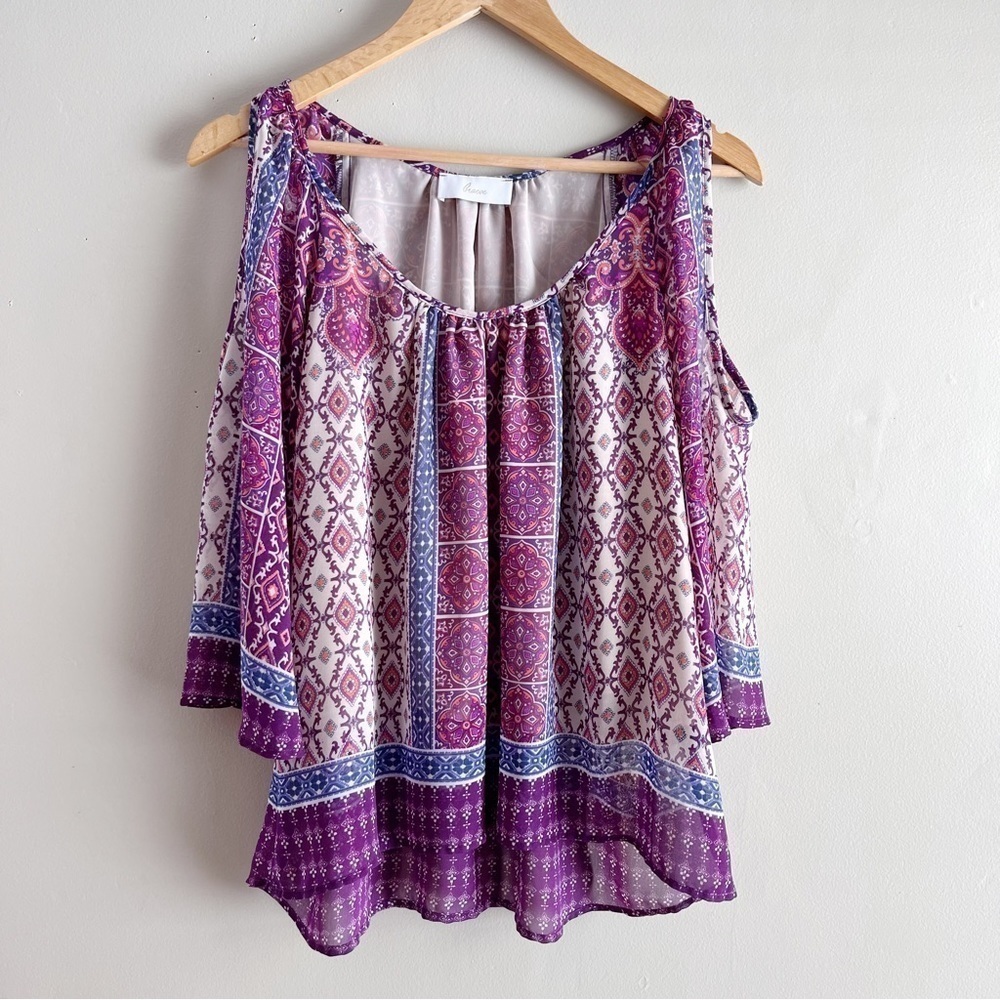 Anthropologie‎ Braeve Boho Print Cold Shoulder Blouse in Purple/Pink/Cream, XS